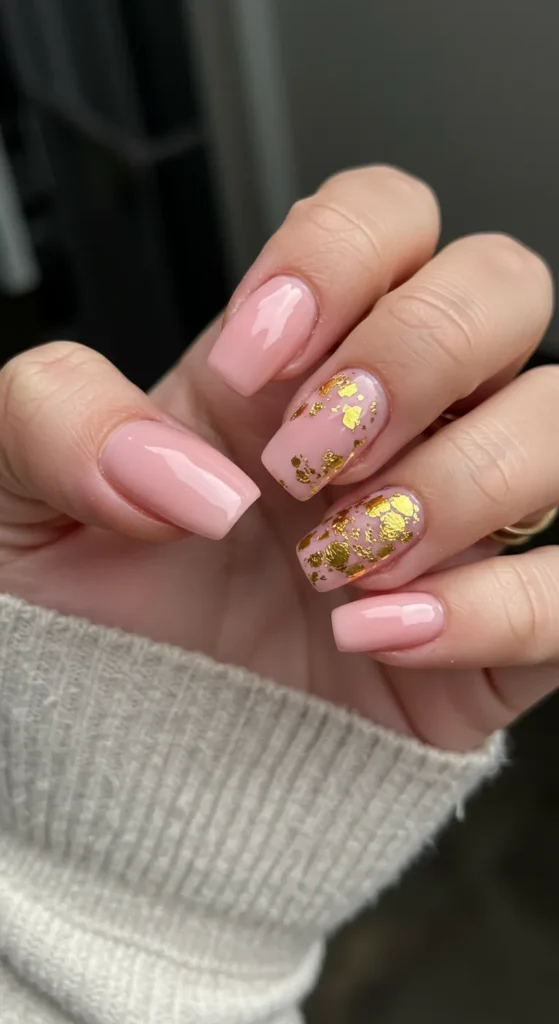 Light Pink with Gold Foil nails designs