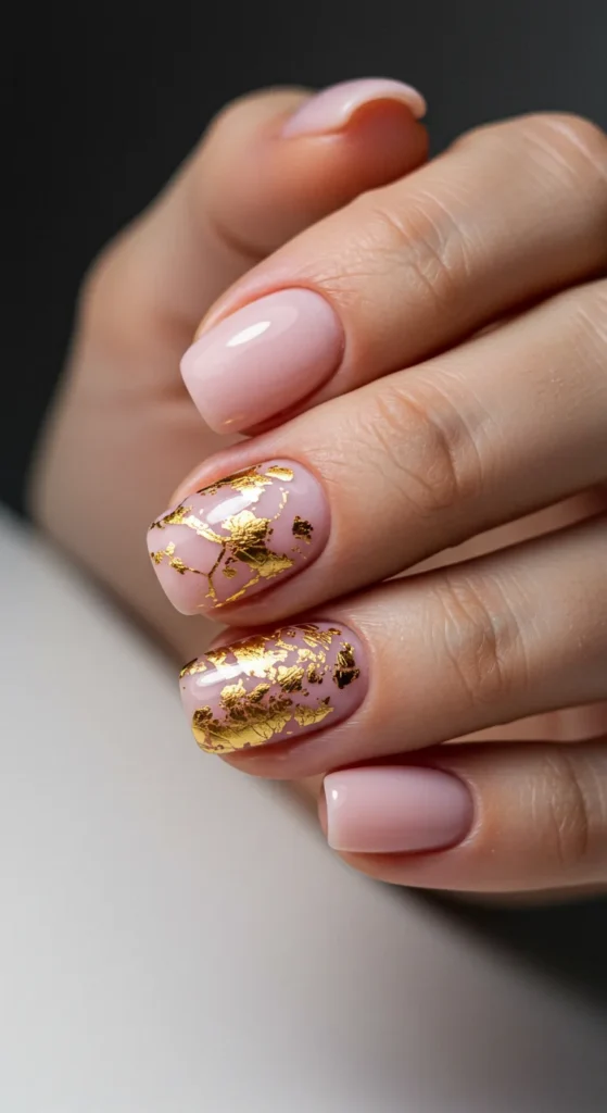 Light Pink with Gold Foil nails designs