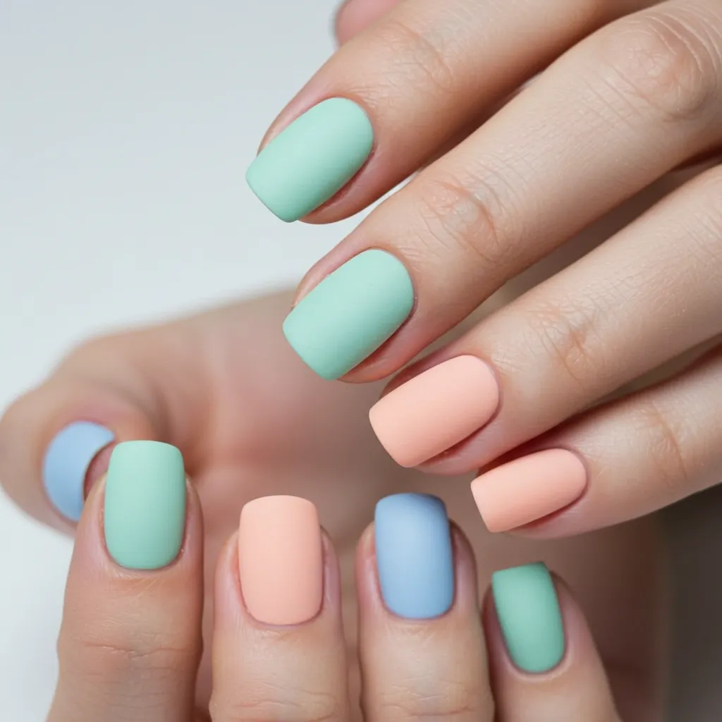 A stylish set of Matte Pastel Nails, featuring soft pastel shades like pink, lavender, mint green, and baby blue with a smooth, velvety matte finish for a modern and elegant look.

