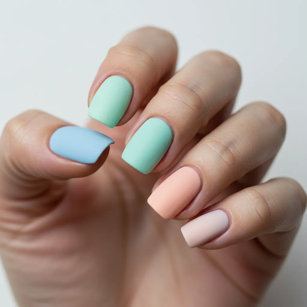 A stylish set of Matte Pastel Nails, featuring soft pastel shades like pink, lavender, mint green, and baby blue with a smooth, velvety matte finish for a modern and elegant look.

