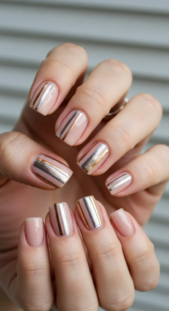 A chic set of nails featuring sleek metallic stripes on a glossy or matte base, adding a modern and stylish touch to the manicure.