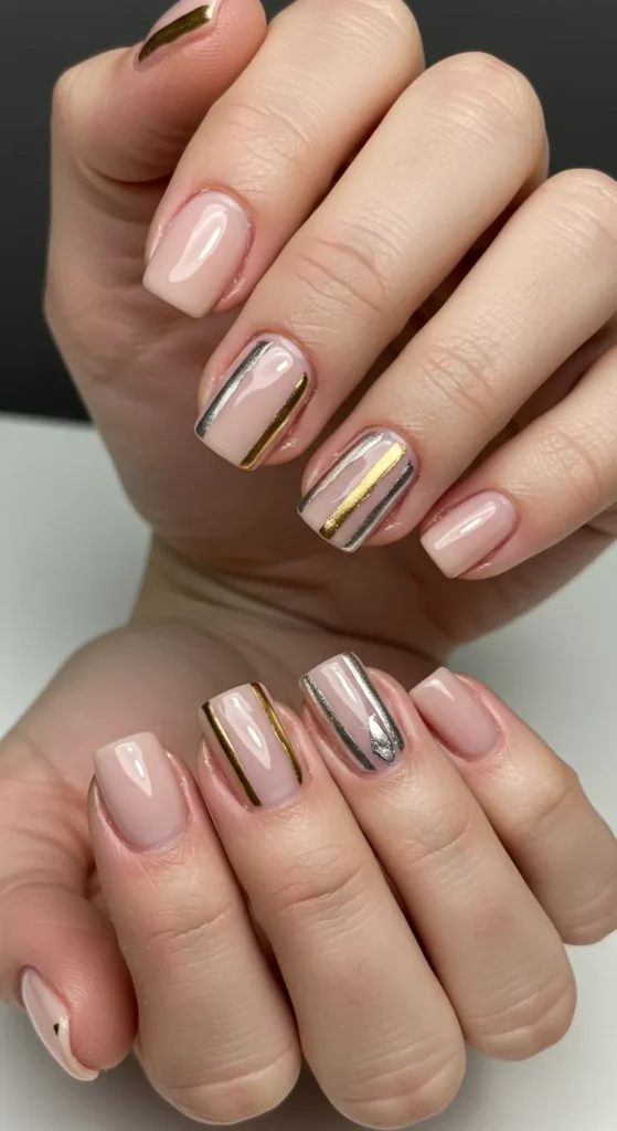 A chic set of nails featuring sleek metallic stripes on a glossy or matte base, adding a modern and stylish touch to the manicure.