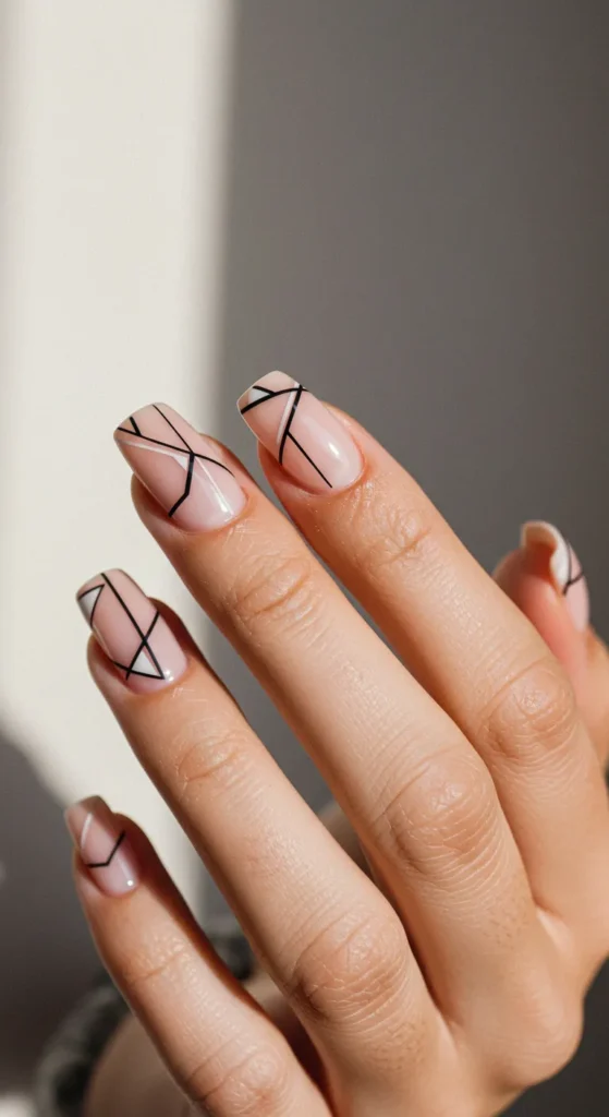 Nude nails with crisp geometric lines and clear negative space for a modern, minimalist look. ✨

