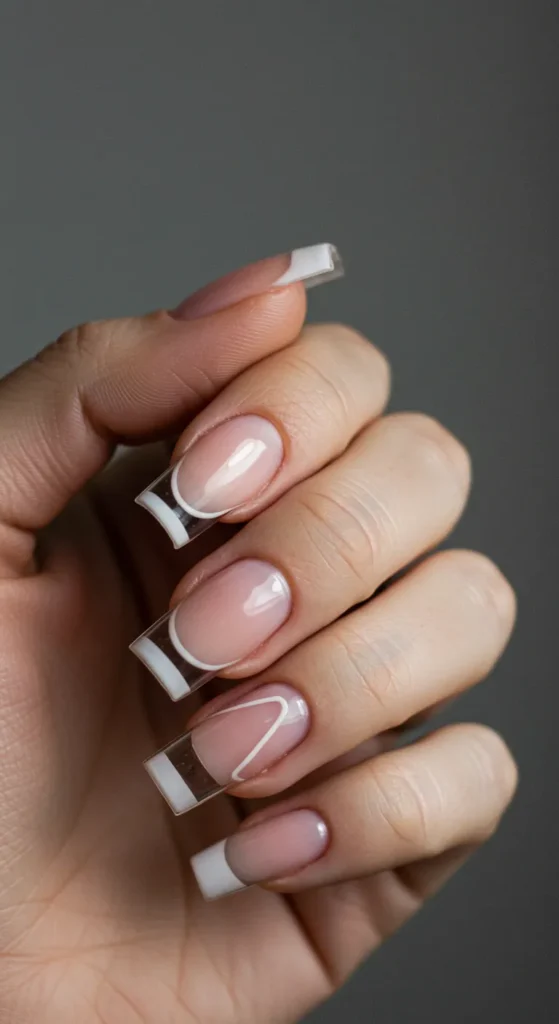 Clear tips or geometric cutouts paired with nude or pastel polish for a modern and sophisticated look.

