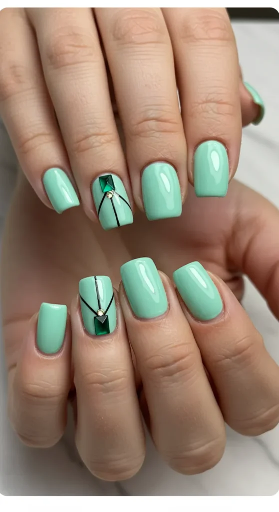 A stylish set of Mint Green nails featuring a bold and refreshing shade, perfect for a trendy and vibrant manicure.