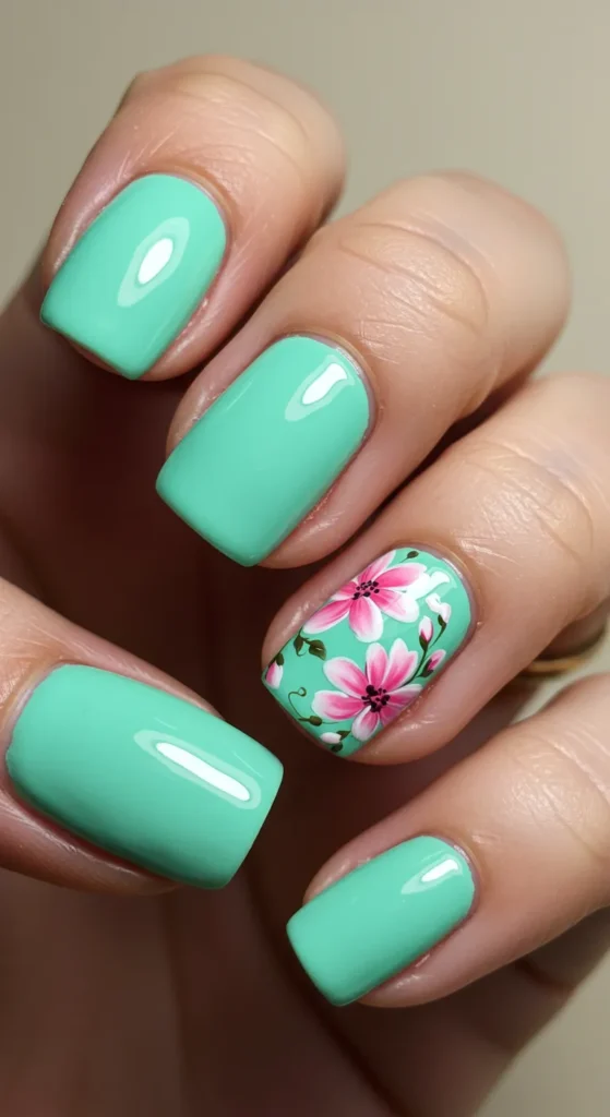 Mint Green with Floral Accents nails design