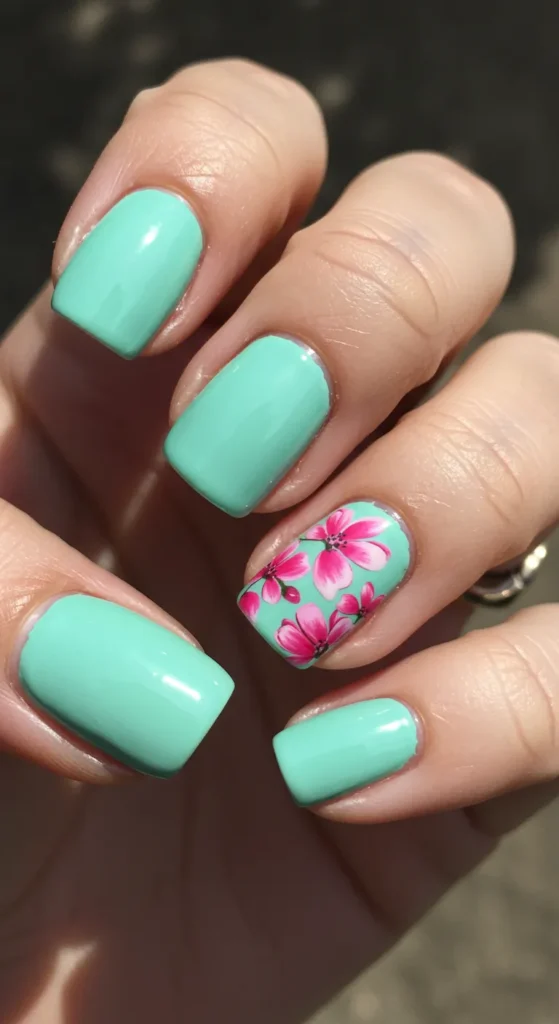 Mint Green with Floral Accents nails designv