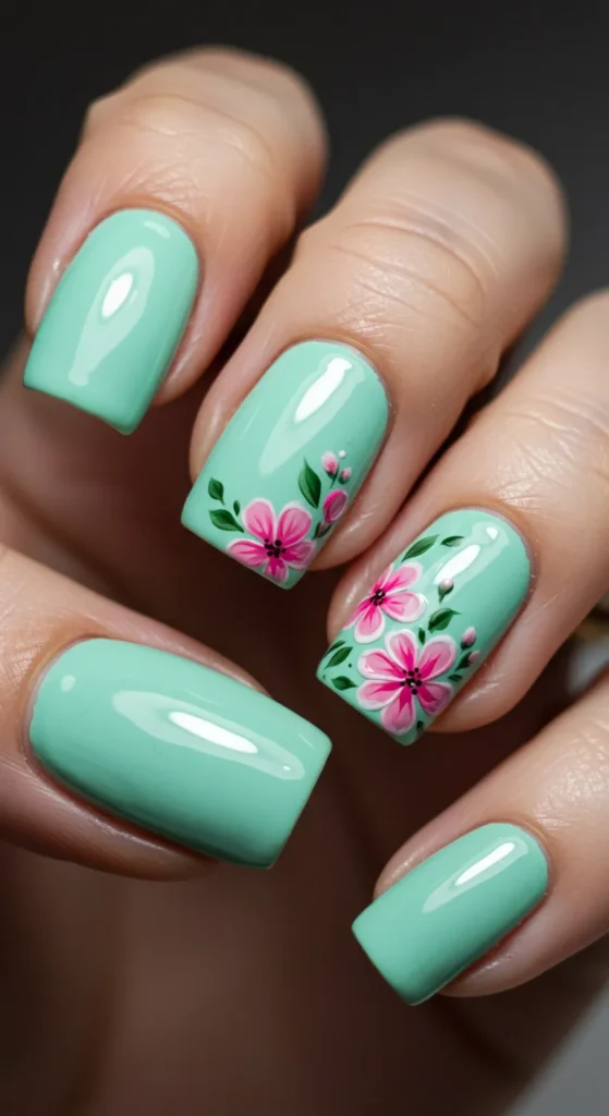 Mint Green with Floral Accents nails design