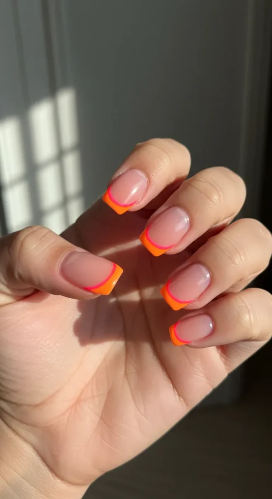 Nude-colored nails with vibrant neon orange or pink tips, or playful neon dots scattered across for a fun, quirky twist. 🌟