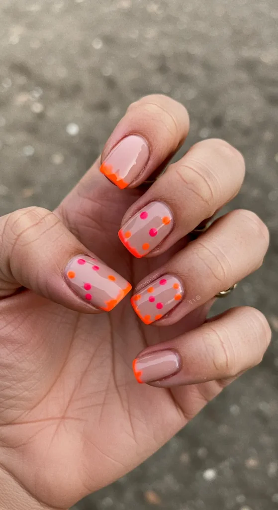 Nude-colored nails with vibrant neon orange or pink tips, or playful neon dots scattered across for a fun, quirky twist. 🌟