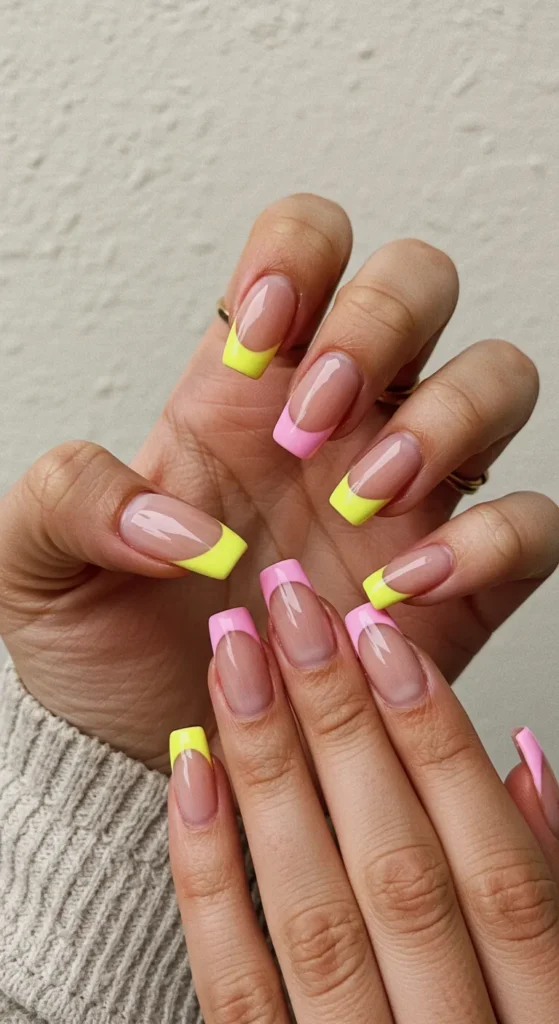 Nude-colored nails with soft pastel pink or bright yellow dipped tips, adding a playful yet elegant contrast.

