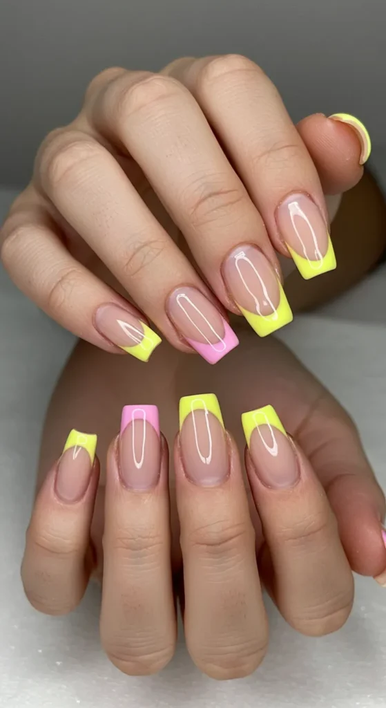 Nude-colored nails with soft pastel pink or bright yellow dipped tips, adding a playful yet elegant contrast.

