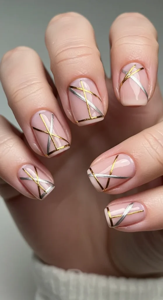 Nude nails with thin metallic gold or silver lines forming geometric or striped patterns, creating a sleek and modern look.

