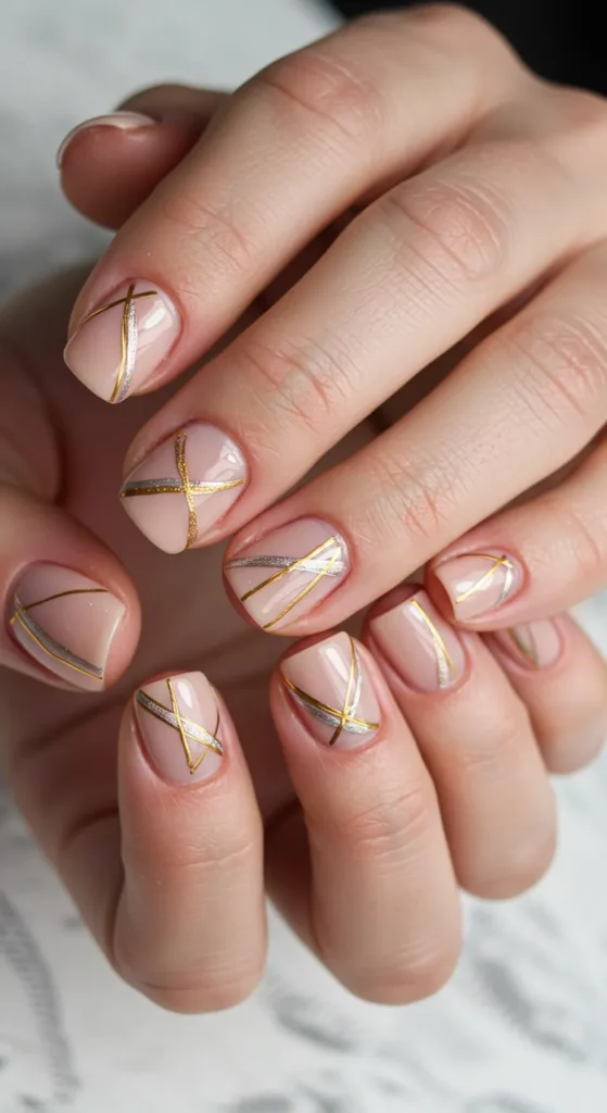 Nude nails with thin metallic gold or silver lines forming geometric or striped patterns, creating a sleek and modern look.

