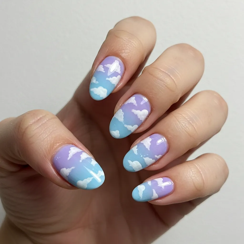 A dreamy set of Pastel Cloud Nails, featuring soft pastel shades like baby blue, lavender, and pink with fluffy white cloud designs for a whimsical and ethereal manicure.

