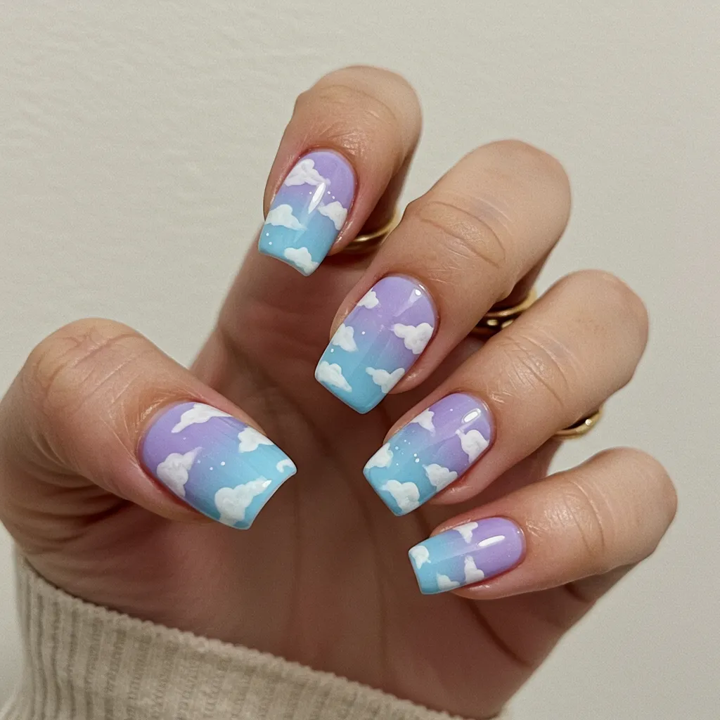 A dreamy set of Pastel Cloud Nails, featuring soft pastel shades like baby blue, lavender, and pink with fluffy white cloud designs for a whimsical and ethereal manicure.

