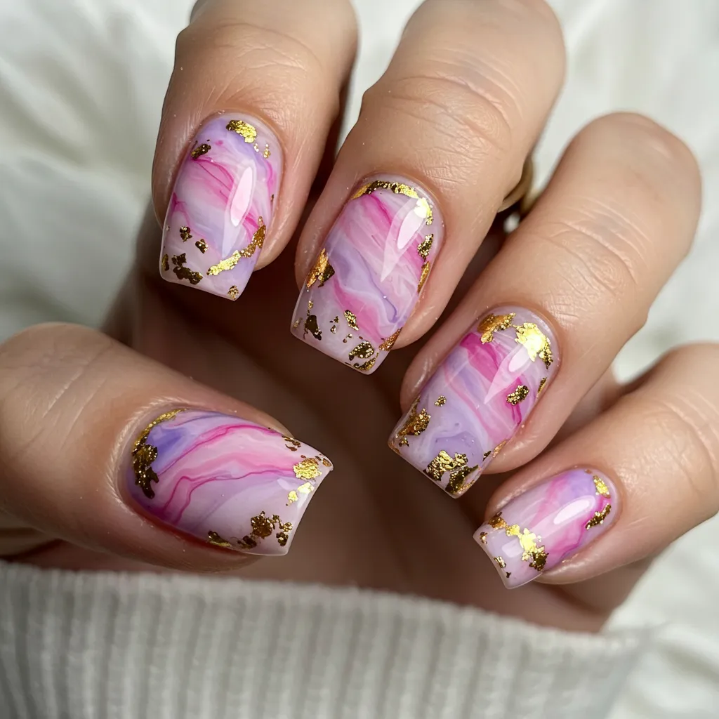 A stunning set of Pastel Marble Nails, featuring soft pastel shades like pink, lavender, baby blue, and mint green swirled together for a luxurious and artistic marble effect.

