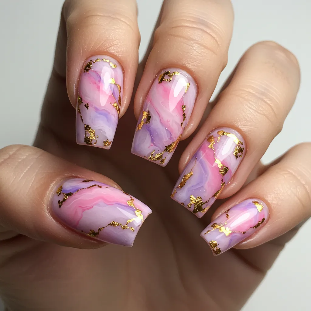 A stunning set of Pastel Marble Nails, featuring soft pastel shades like pink, lavender, baby blue, and mint green swirled together for a luxurious and artistic marble effect.

