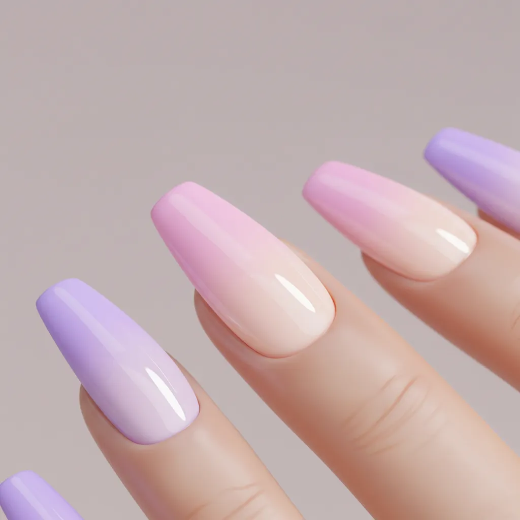 A beautiful set of Pastel Ombré Nails featuring a seamless gradient blend of soft pink, lavender, baby blue, and mint green for a dreamy and elegant manicure.

