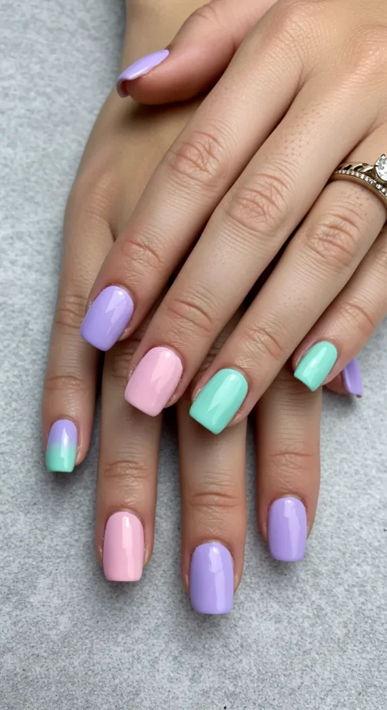 A close-up of pastel ombre nails fading from pale pink to light lavender and mint green, perfect for a soft spring look.