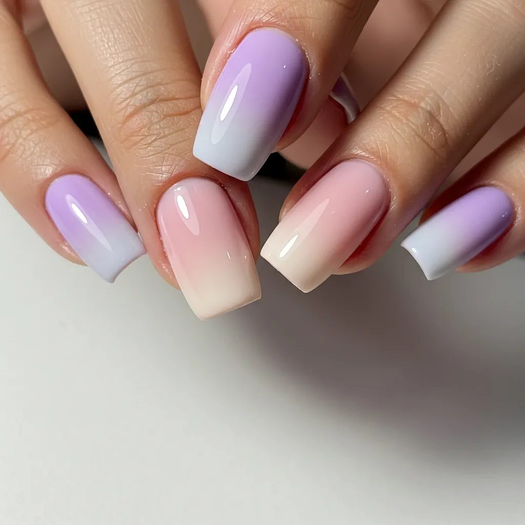 A beautiful set of Pastel Ombré Nails featuring a seamless gradient blend of soft pink, lavender, baby blue, and mint green for a dreamy and elegant manicure.

