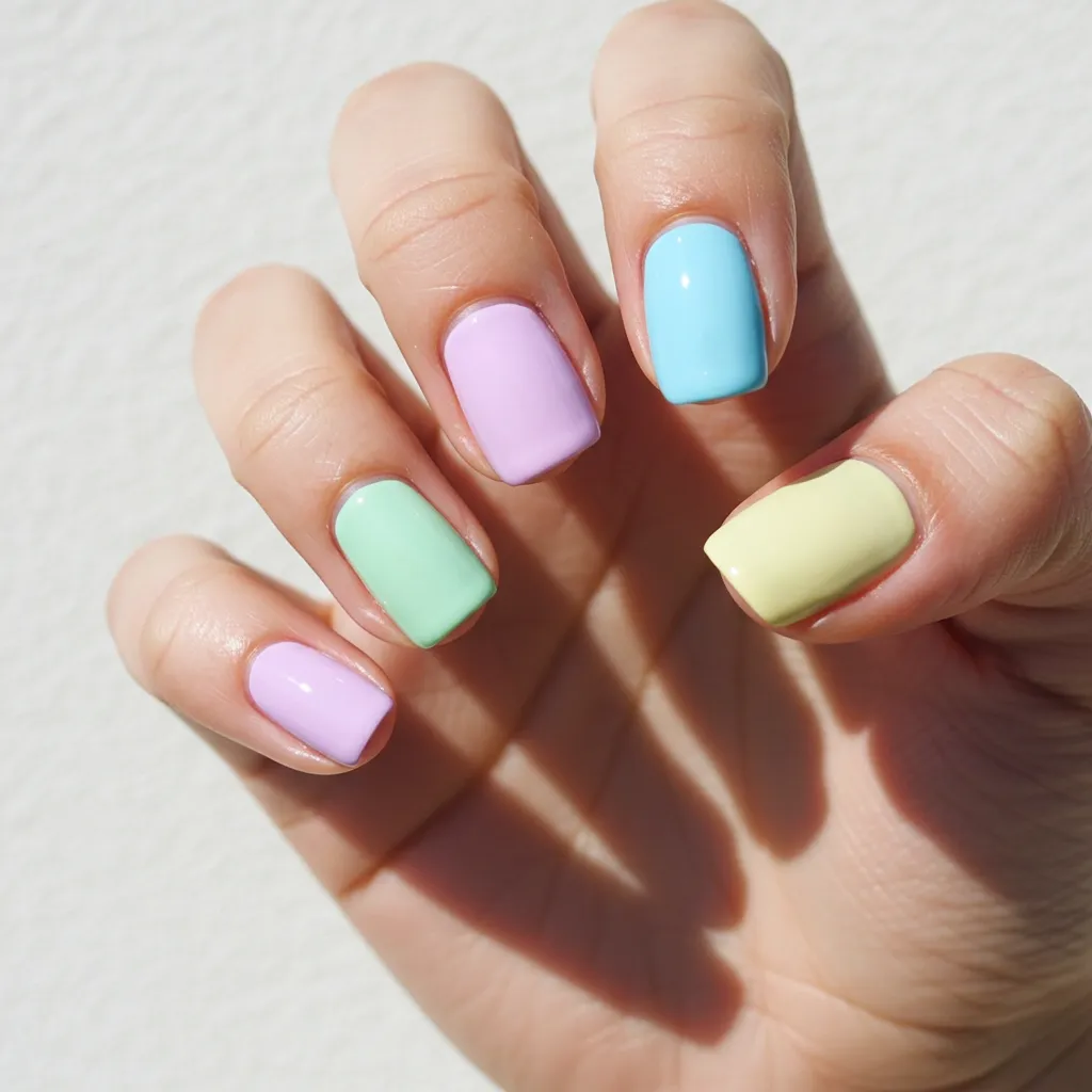 A stunning set of Pastel Rainbow Nails, featuring a soft gradient of pastel shades like pink, lavender, baby blue, mint green, and peach for a colorful yet elegant manicure.

