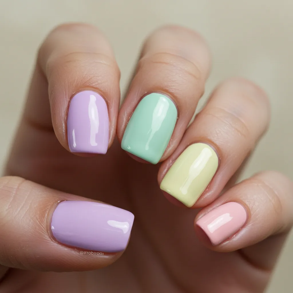 A stunning set of Pastel Rainbow Nails, featuring a soft gradient of pastel shades like pink, lavender, baby blue, mint green, and peach for a colorful yet elegant manicure.

