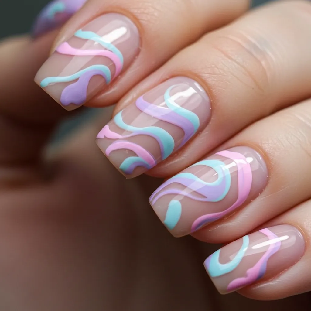 A stylish set of Pastel Swirl Nails, featuring soft pastel shades like pink, lavender, baby blue, and mint green in elegant, wavy swirl patterns for a trendy and artistic manicure.

