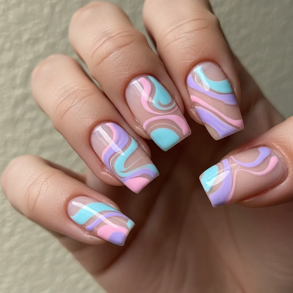 A stylish set of Pastel Swirl Nails, featuring soft pastel shades like pink, lavender, baby blue, and mint green in elegant, wavy swirl patterns for a trendy and artistic manicure.

