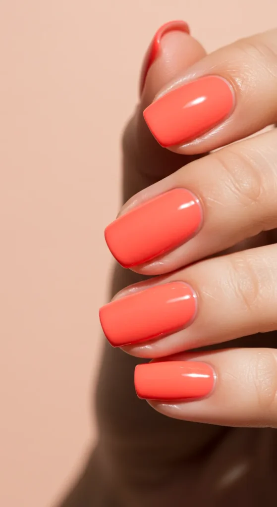 Nails coated in a vibrant, juicy coral shade that exudes energy and warmth, perfect for a bold yet fresh look.

