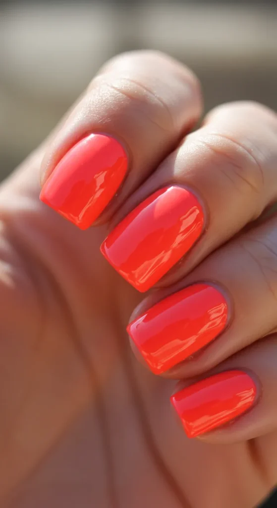 Nails coated in a vibrant, juicy coral shade that exudes energy and warmth, perfect for a bold yet fresh look.

