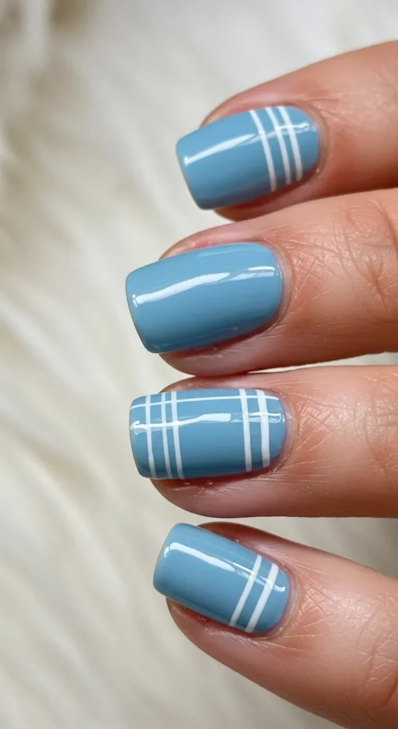 Soft Blue with White Stripes nails designs ideas