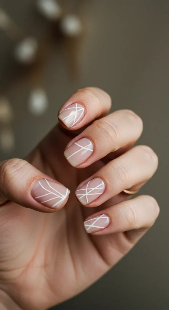 Soft Nude and White Geometric Nails