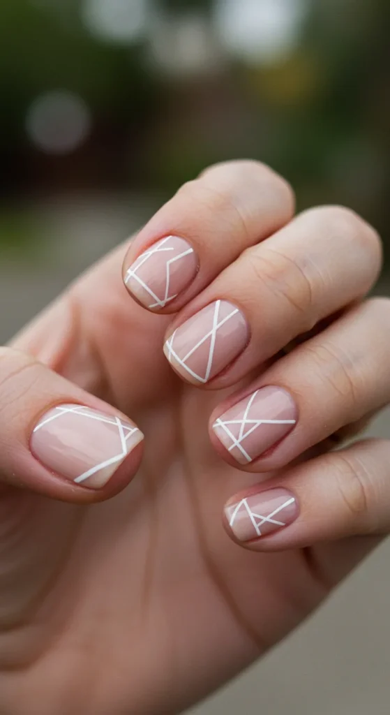 A stylish set of Soft Nude and White Geometric Nails featuring clean lines and modern geometric patterns for a chic and minimalist look.