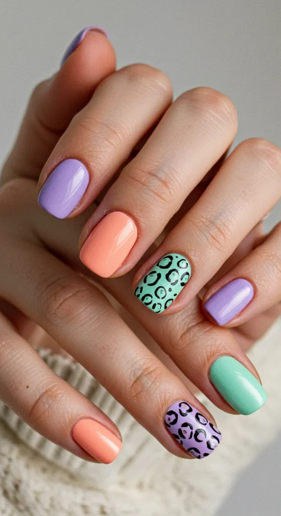 A trendy set of Spring Animal Print nails featuring pastel tones and playful patterns like leopard spots or zebra stripes for a fresh seasonal twist.