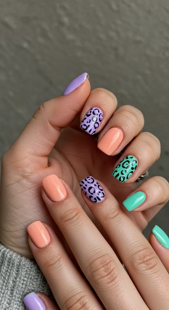 A trendy set of Spring Animal Print nails featuring pastel tones and playful patterns like leopard spots or zebra stripes for a fresh seasonal twist.