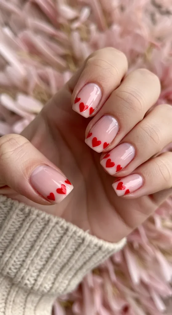 Pale pink nails with delicate red hearts painted at the tips, offering a sweet and romantic touch. 💖

