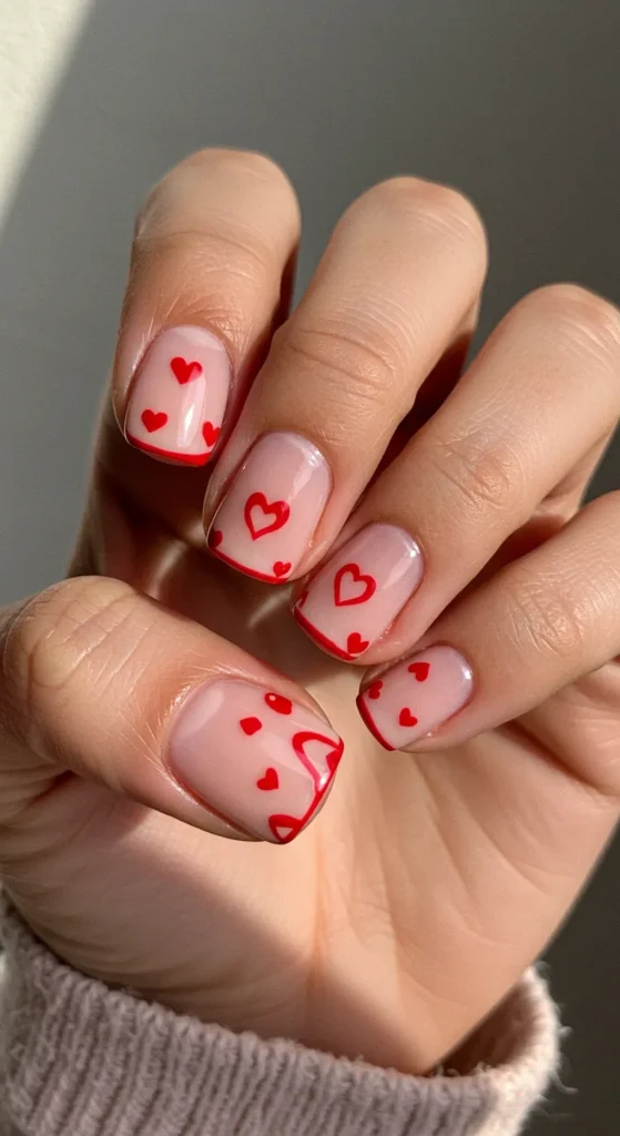 Pale pink nails with delicate red hearts painted at the tips, offering a sweet and romantic touch. 💖

