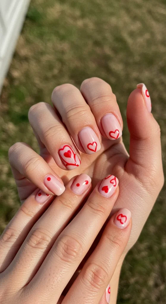 Pale pink nails with delicate red hearts painted at the tips, offering a sweet and romantic touch. 💖

