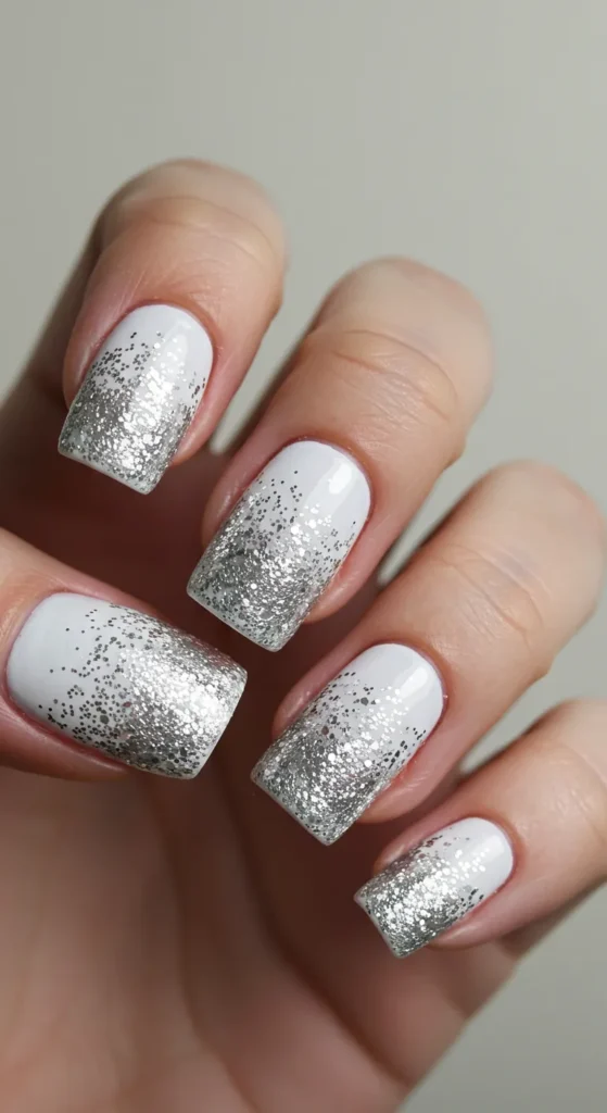 Crisp white nails with silver glitter that fades from the base to the tips, adding a touch of subtle sparkle. ✨

