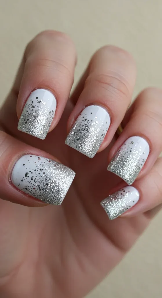 Crisp white nails with silver glitter that fades from the base to the tips, adding a touch of subtle sparkle. ✨

