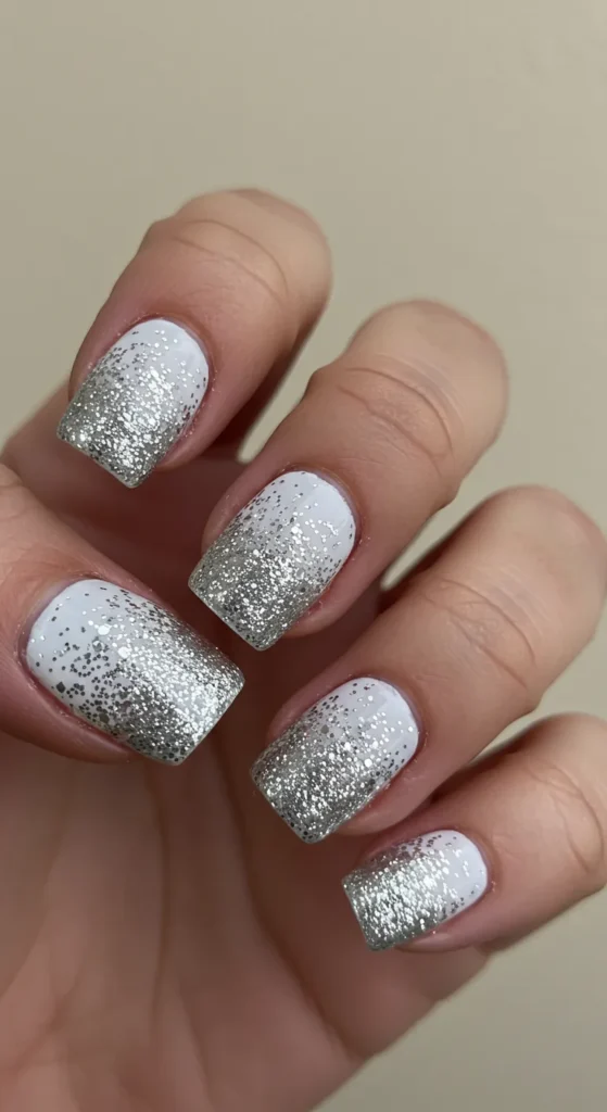 Crisp white nails with silver glitter that fades from the base to the tips, adding a touch of subtle sparkle. ✨

