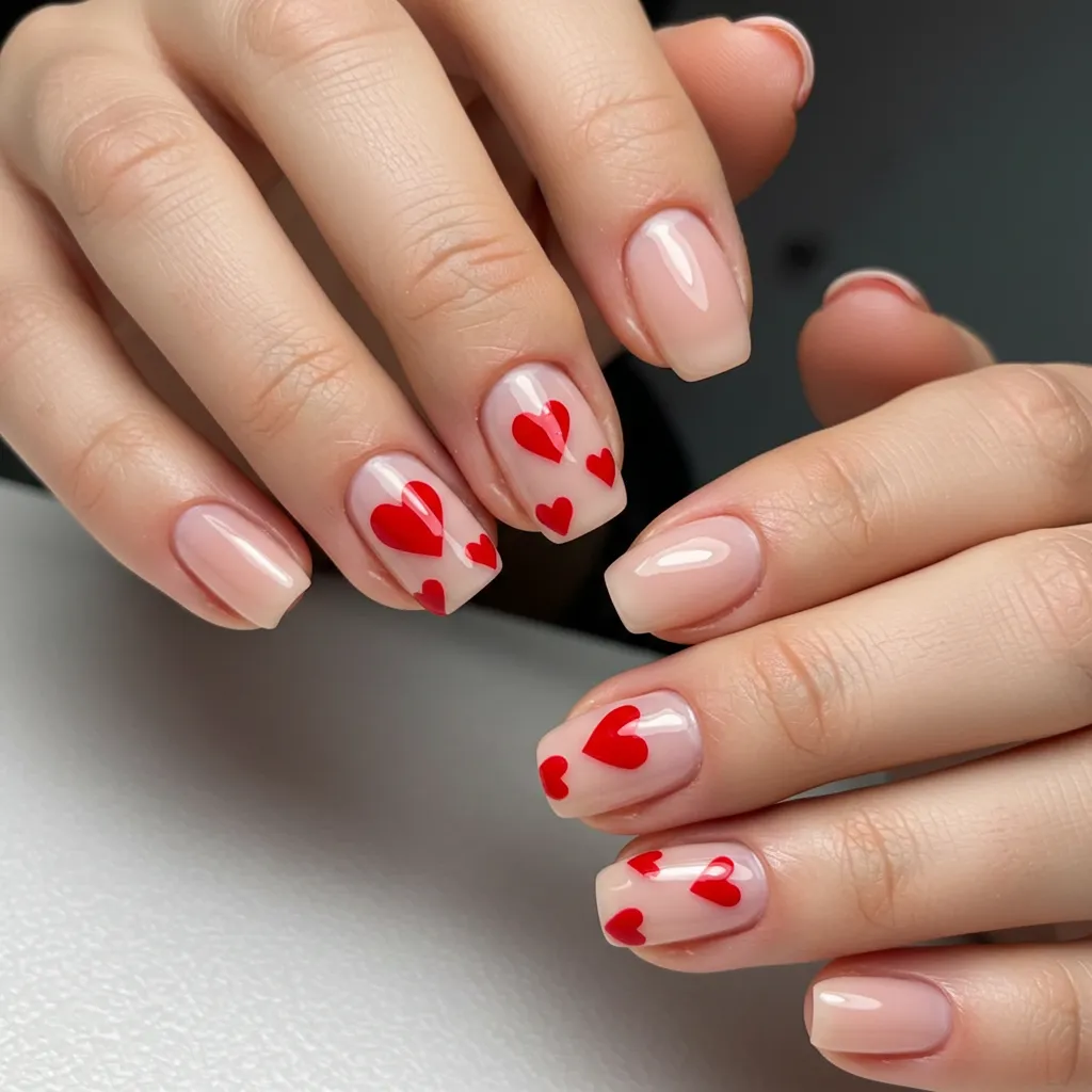 Classic red heart nail design on a soft pink or nude base, featuring glossy, romantic heart accents.