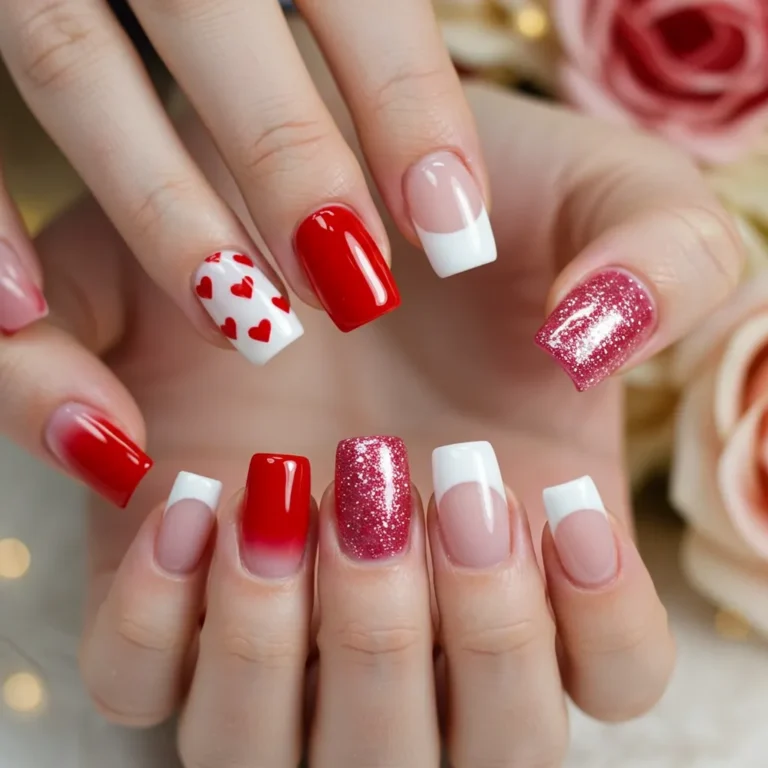 A close-up of stylish Valentine nails featuring red, pink, and white designs with hearts, glitter, and ombre effects.