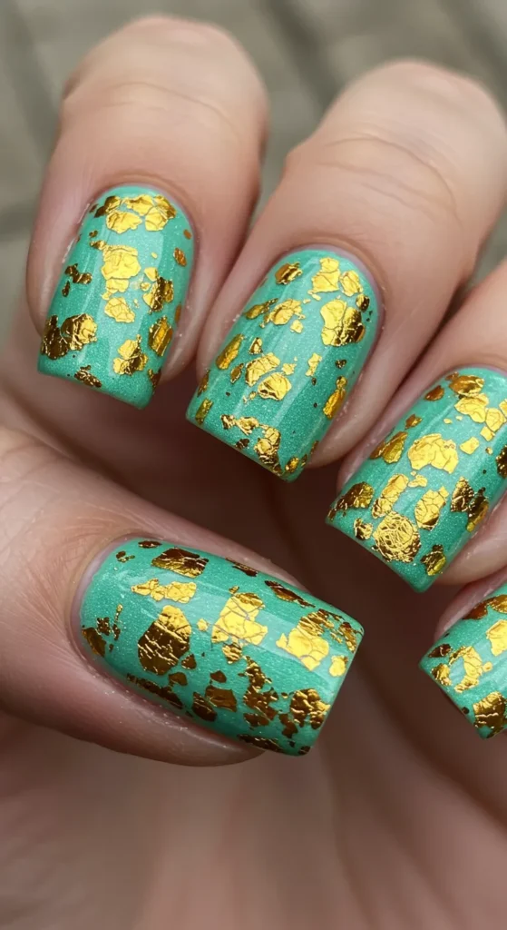 Mint and Gold Foil nails design