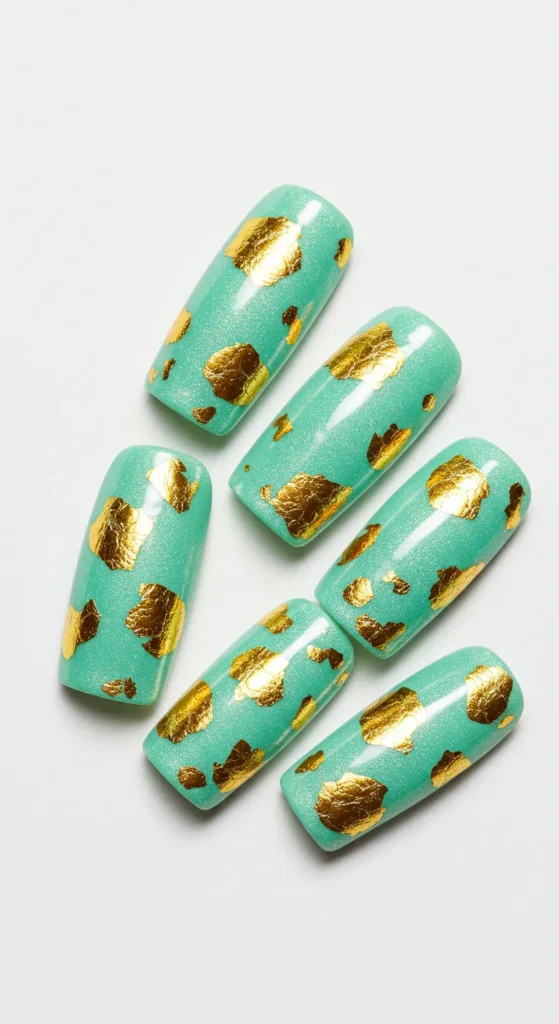 Mint and Gold Foil nails design