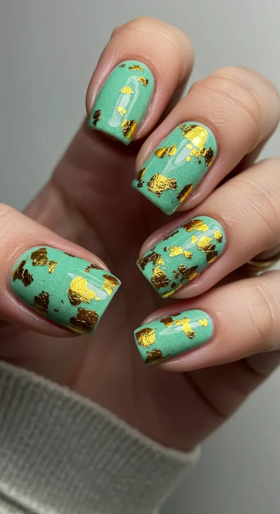 Mint and Gold Foil nails design