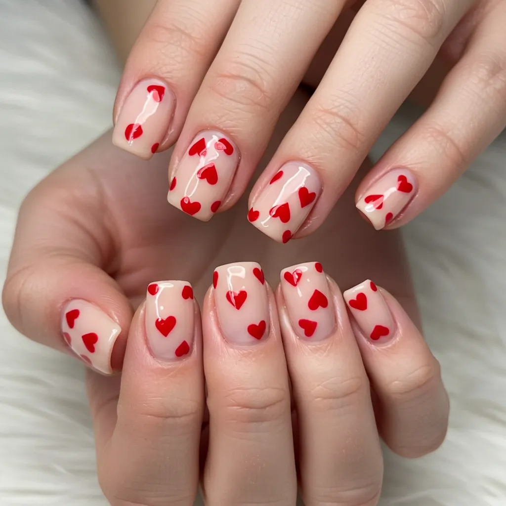 Classic red heart nail design on a soft pink or nude base, featuring glossy, romantic heart accents.