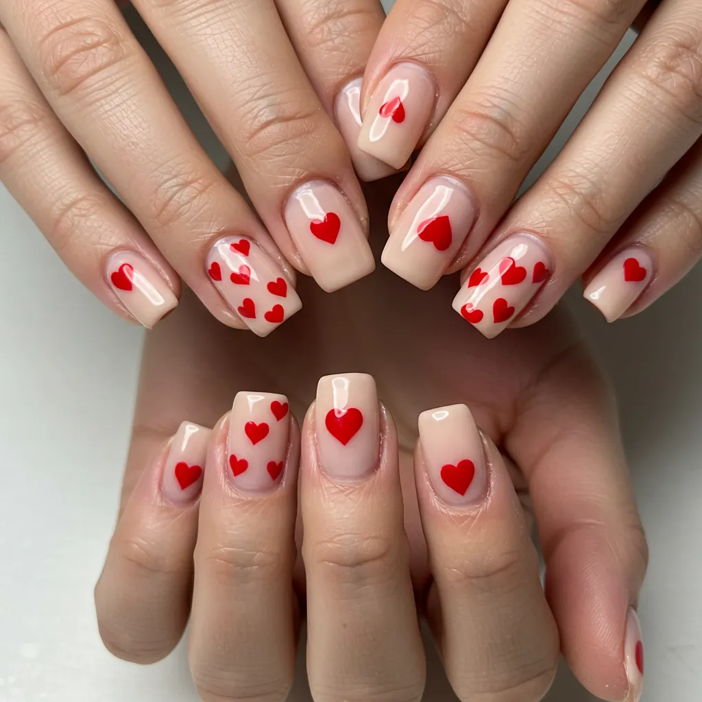 Classic red heart nail design on a soft pink or nude base, featuring glossy, romantic heart accents.