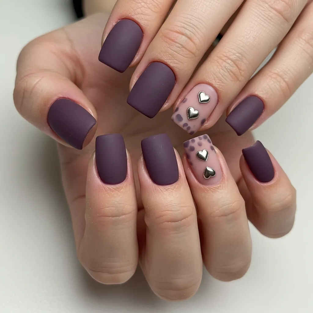 Chic matte nude nails with delicate heart details for a subtle and romantic Valentine’s Day look.